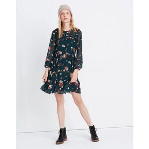 Madewell Sheer-Sleeve Pintuck Ruffle Dress in Spruce Blooms Dark Green Size 2